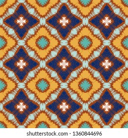 Ikat geometric folklore ornament with diamonds. Tribal ethnic vector texture. Seamless striped pattern in Aztec style. Folk  embroidery. Indian, Scandinavian, Gypsy, Mexican, African rug. 