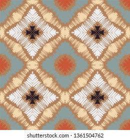 Ikat geometric folklore ornament with diamonds. Tribal ethnic vector texture. Seamless striped pattern in Aztec style. Folk  embroidery. Indian, Scandinavian, Gypsy, Mexican, African rug. 