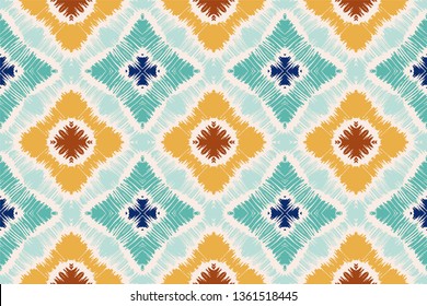 Ikat geometric folklore ornament with diamonds. Tribal ethnic vector texture. Seamless striped pattern in Aztec style. Folk  embroidery. Indian, Scandinavian, Gypsy, Mexican, African rug. 