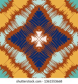 Ikat geometric folklore ornament with diamonds. Tribal ethnic vector texture. Seamless striped pattern in Aztec style. Folk  embroidery. Indian, Scandinavian, Gypsy, Mexican, African rug. 