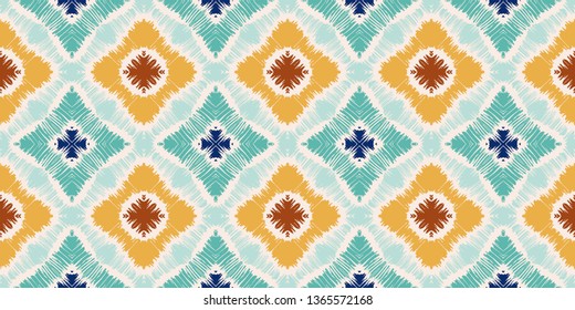 Ikat geometric folklore ornament with diamonds. Tribal ethnic vector texture. Seamless striped pattern in Aztec style. Folk  embroidery. Indian, Scandinavian, Gypsy, Mexican, African rug. 