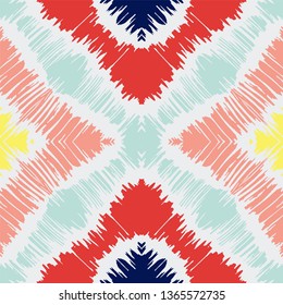 Ikat geometric folklore ornament with diamonds. Tribal ethnic vector texture. Seamless striped pattern in Aztec style. Folk  embroidery. Indian, Scandinavian, Gypsy, Mexican, African rug. 