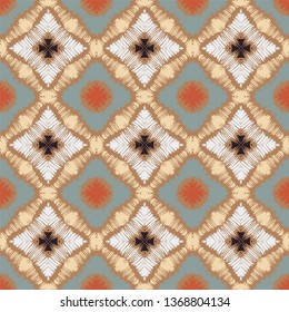 Ikat geometric folklore ornament with diamonds. Tribal ethnic vector texture. Seamless striped pattern in Aztec style. Folk  embroidery. Indian, Scandinavian, Gypsy, Mexican, African rug. 
