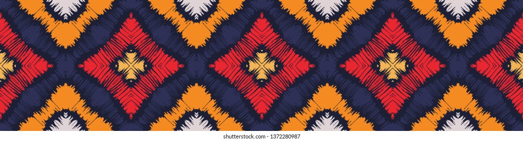 Ikat geometric folklore ornament with diamonds. Tribal ethnic vector texture. Seamless striped pattern in Aztec style. Folk  embroidery. Indian, Scandinavian, Gypsy, Mexican, African rug. 