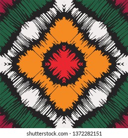 Ikat geometric folklore ornament with diamonds. Tribal ethnic vector texture. Seamless striped pattern in Aztec style. Folk  embroidery. Indian, Scandinavian, Gypsy, Mexican, African rug. 