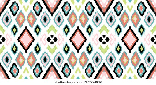 Ikat geometric folklore ornament with diamonds. Tribal ethnic vector texture. Seamless striped pattern in Aztec style. Folk  embroidery. Indian, Scandinavian, Gypsy, Mexican, African rug. 