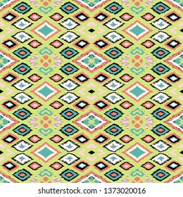 Ikat geometric folklore ornament with diamonds. Tribal ethnic vector texture. Seamless striped pattern in Aztec style. Folk  embroidery. Indian, Scandinavian, Gypsy, Mexican, African rug. 