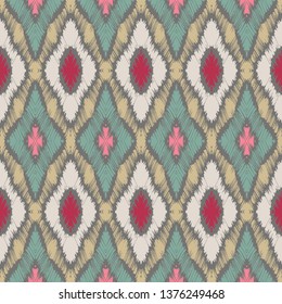 Ikat geometric folklore ornament with diamonds. Tribal ethnic vector texture. Seamless striped pattern in Aztec style. Folk  embroidery. Indian, Scandinavian, Gypsy, Mexican, African rug. 