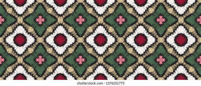 Ikat geometric folklore ornament with diamonds. Tribal ethnic vector texture. Seamless striped pattern in Aztec style. Folk  embroidery. Indian, Scandinavian, Gypsy, Mexican, African rug. 