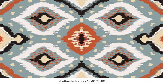Ikat geometric folklore ornament with diamonds. Tribal ethnic vector texture. Seamless striped pattern in Aztec style. Folk  embroidery. Indian, Scandinavian, Gypsy, Mexican, African rug. 