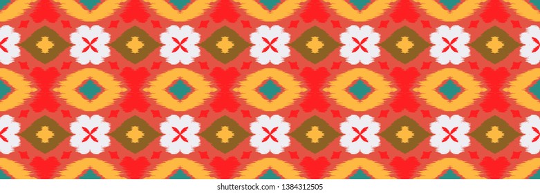 Ikat geometric folklore ornament with diamonds and flowers. African rug. Tribal ethnic vector texture. Seamless pattern in Aztec style. Folk  embroidery. Indian batik. Mexican decor.