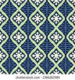 Ikat geometric folklore ornament with diamonds. Tribal ethnic vector texture. Seamless striped pattern in Aztec style. Folk  embroidery. Indian, Scandinavian, Gypsy, Mexican, African rug. 