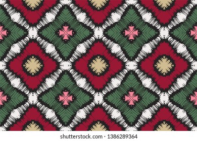 Ikat geometric folklore ornament with diamonds. Tribal ethnic vector texture. Seamless striped pattern in Aztec style. Folk  embroidery. Indian, Scandinavian, Gypsy, Mexican, African rug. 