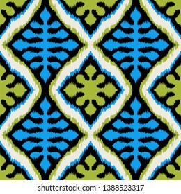 Ikat geometric folklore ornament with diamonds. Tribal ethnic vector texture. Seamless striped pattern in Aztec style. Folk  embroidery. Indian, Scandinavian, Gypsy, Mexican, African rug. 