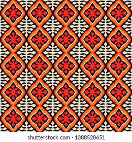 Ikat geometric folklore ornament with diamonds. Tribal ethnic vector texture. Seamless striped pattern in Aztec style. Folk  embroidery. Indian, Scandinavian, Gypsy, Mexican, African rug. 