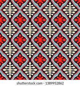 Ikat geometric folklore ornament with diamonds. Tribal ethnic vector texture. Seamless striped pattern in Aztec style. Folk  embroidery. Indian, Scandinavian, Gypsy, Mexican, African rug. 