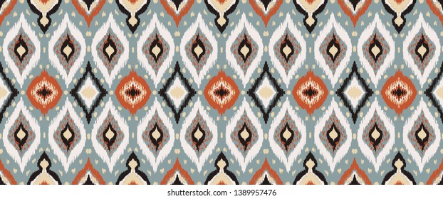 Ikat geometric folklore ornament with diamonds. Tribal ethnic vector texture. Seamless striped pattern in Aztec style. Folk  embroidery. Indian, Scandinavian, Gypsy, Mexican, African rug. 