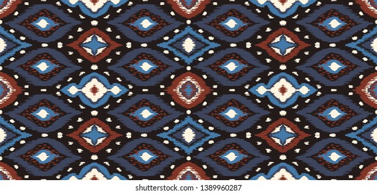 Ikat geometric folklore ornament with diamonds. Tribal ethnic vector texture. Seamless striped pattern in Aztec style. Folk  embroidery. Indian, Scandinavian, Gypsy, Mexican, African rug. 