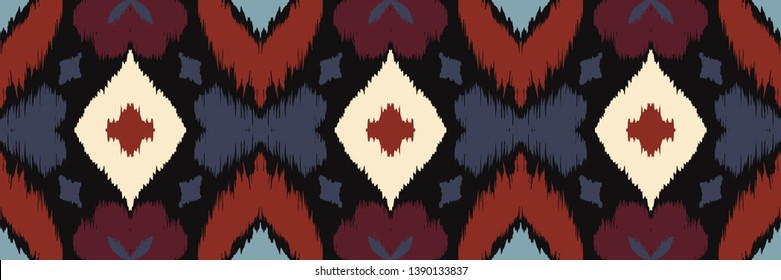 Ikat geometric folklore ornament with diamonds and flowers. African rug. Tribal ethnic vector texture. Seamless pattern in Aztec style. Folk  embroidery. Indian batik. Mexican decor.