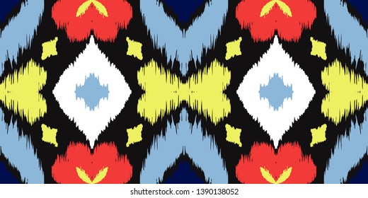 Ikat geometric folklore ornament with diamonds and flowers. African rug. Tribal ethnic vector texture. Seamless pattern in Aztec style. Folk  embroidery. Indian batik. Mexican decor.