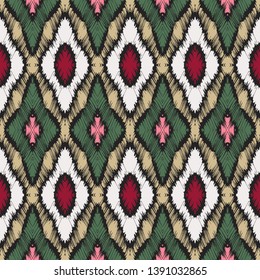 Ikat geometric folklore ornament with diamonds. Tribal ethnic vector texture. Seamless striped pattern in Aztec style. Folk  embroidery. Indian, Scandinavian, Gypsy, Mexican, African rug. 