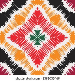 Ikat geometric folklore ornament with diamonds. Tribal ethnic vector texture. Seamless striped pattern in Aztec style. Folk  embroidery. Indian, Scandinavian, Gypsy, Mexican, African rug. 