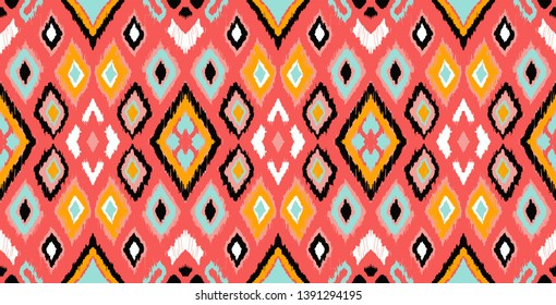 Ikat geometric folklore ornament with diamonds. Tribal ethnic vector texture. Seamless striped pattern in Aztec style. Folk  embroidery. Indian, Scandinavian, Gypsy, Mexican, African rug. 