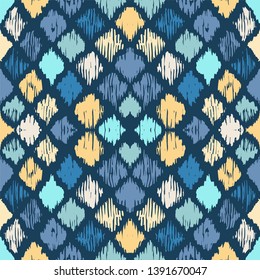 Ikat geometric folklore ornament with diamonds. Tribal ethnic vector texture. Seamless striped pattern in Aztec style. Folk embroidery. Indian, Scandinavian, Gypsy, Mexican, African rug.