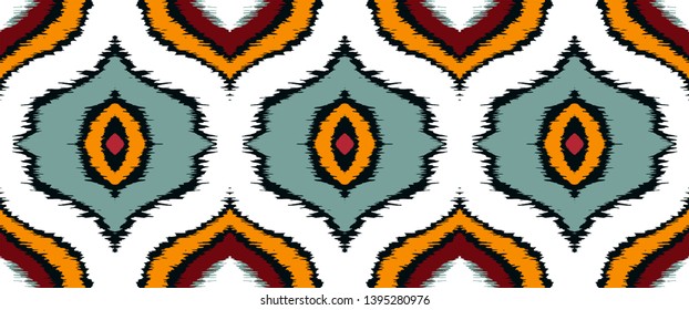 Ikat geometric folklore ornament with diamonds. Tribal ethnic vector texture. Seamless striped pattern in Aztec style. Folk embroidery. Indian, Scandinavian, Gypsy, Mexican, African rug.