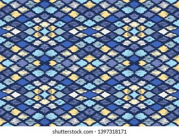 Ikat geometric folklore ornament with diamonds. Tribal ethnic vector texture. Seamless striped pattern in Aztec style. Folk embroidery. Indian, Scandinavian, Gypsy, Mexican, African rug.