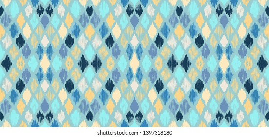Ikat geometric folklore ornament with diamonds. Tribal ethnic vector texture. Seamless striped pattern in Aztec style. Folk embroidery. Indian, Scandinavian, Gypsy, Mexican, African rug.