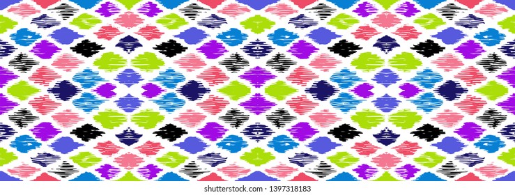 Ikat geometric folklore ornament with diamonds. Tribal ethnic vector texture. Seamless striped pattern in Aztec style. Folk embroidery. Indian, Scandinavian, Gypsy, Mexican, African rug.