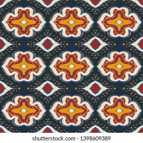 Ikat geometric folklore ornament with diamonds. Damask rug. Tribal ethnic vector texture. Persian geo print. Seamless pattern in Aztec style. Folk embroidery. Gypsy, Mexican, African print. 