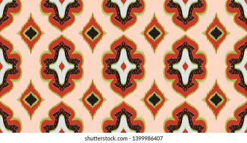 Ikat geometric folklore ornament with diamonds. Damask rug. Tribal ethnic vector texture. Persian geo print. Seamless pattern in Aztec style. Folk embroidery. Gypsy, Mexican, African print. 