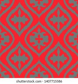 Ikat geometric folklore ornament with diamonds. Damask rug. Tribal ethnic vector texture. Persian geo print. Seamless pattern in Aztec style. Folk embroidery. Gypsy, Mexican, African print. 