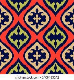Ikat geometric folklore ornament with diamonds. Damask rug. Tribal ethnic vector texture. Persian geo print. Seamless pattern in Aztec style. Folk embroidery. Gypsy, Mexican, African print.