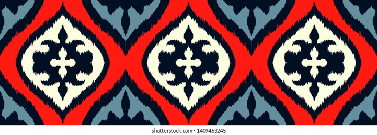 Ikat geometric folklore ornament with diamonds. Damask rug. Tribal ethnic vector texture. Persian geo print. Seamless pattern in Aztec style. Folk embroidery. Gypsy, Mexican, African print.