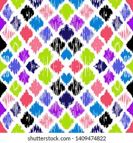 Ikat geometric folklore ornament with diamonds. Tribal ethnic vector texture. Seamless striped pattern in Aztec style. Folk embroidery. Indian, Scandinavian, Gypsy, Mexican, African rug.