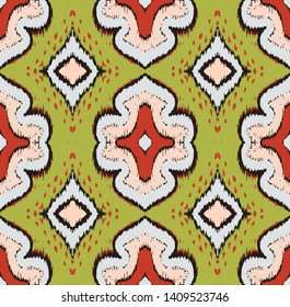 Ikat geometric folklore ornament with diamonds. Damask rug. Tribal ethnic vector texture. Persian geo print. Seamless pattern in Aztec style. Folk embroidery. Gypsy, Mexican, African print.