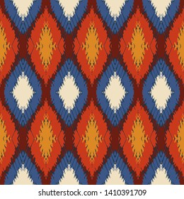 Ikat geometric folklore ornament with diamonds. Tribal ethnic vector texture. Seamless striped pattern in Aztec style. Folk embroidery. Indian, Scandinavian, Gypsy, Mexican, African rug.