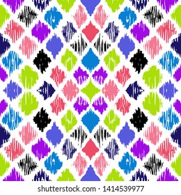 Ikat geometric folklore ornament with diamonds. Tribal ethnic vector texture. Seamless striped pattern in Aztec style. Folk embroidery. Indian, Scandinavian, Gypsy, Mexican, African rug. 