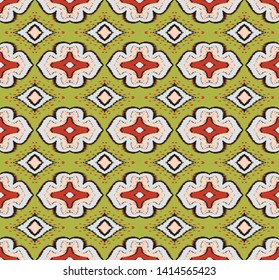 Ikat geometric folklore ornament with diamonds. Damask rug. Tribal ethnic vector texture. Persian geo print. Seamless pattern in Aztec style. Folk embroidery. Gypsy, Mexican, African print.