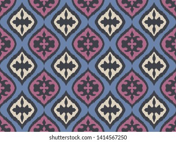 Ikat geometric folklore ornament with diamonds. Damask rug. Tribal ethnic vector texture. Persian geo print. Seamless pattern in Aztec style. Folk embroidery. Gypsy, Mexican, African print.