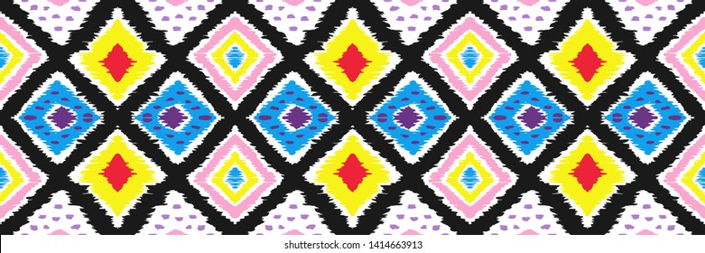 Ikat geometric folklore ornament with diamonds. Tribal ethnic vector texture. Seamless striped pattern in Aztec style. Folk embroidery. Indian, Scandinavian, Gypsy, Mexican, African rug.