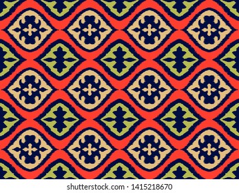 Ikat geometric folklore ornament with diamonds. Damask rug. Tribal ethnic vector texture. Persian geo print. Seamless pattern in Aztec style. Folk embroidery. Gypsy, Mexican, African print.