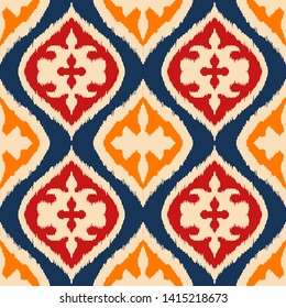 Ikat geometric folklore ornament with diamonds. Damask rug. Tribal ethnic vector texture. Persian geo print. Seamless pattern in Aztec style. Folk embroidery. Gypsy, Mexican, African print.