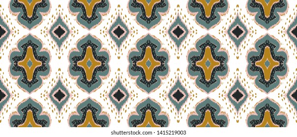 Ikat geometric folklore ornament with diamonds. Damask rug. Tribal ethnic vector texture. Persian geo print. Seamless pattern in Aztec style. Folk embroidery. Gypsy, Mexican, African print.