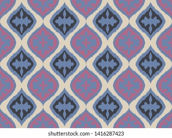 Ikat geometric folklore ornament with diamonds. Damask rug. Tribal ethnic vector texture. Persian geo print. Seamless pattern in Aztec style. Folk embroidery. Gypsy, Mexican, African print.