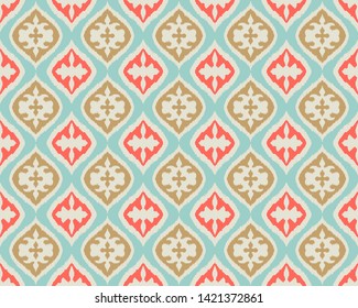 Ikat geometric folklore ornament with diamonds. Damask rug. Tribal ethnic vector texture. Persian geo print. Seamless pattern in Aztec style. Folk embroidery. Gypsy, Mexican, African print.