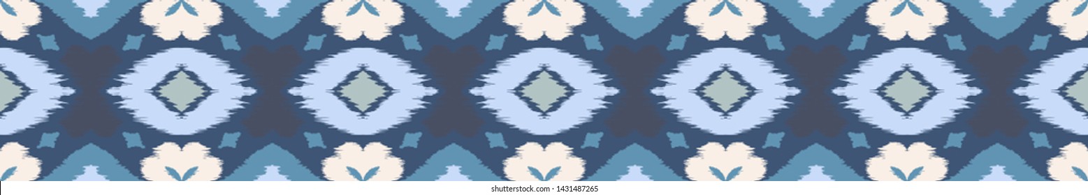 Ikat geometric folklore ornament with diamonds and flowers. African rug. Tribal ethnic vector texture. Seamless pattern in Aztec style. Folk embroidery. Indian batik. Mexican decor.
